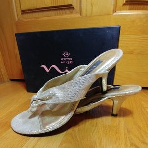 Gold open back kitten heels